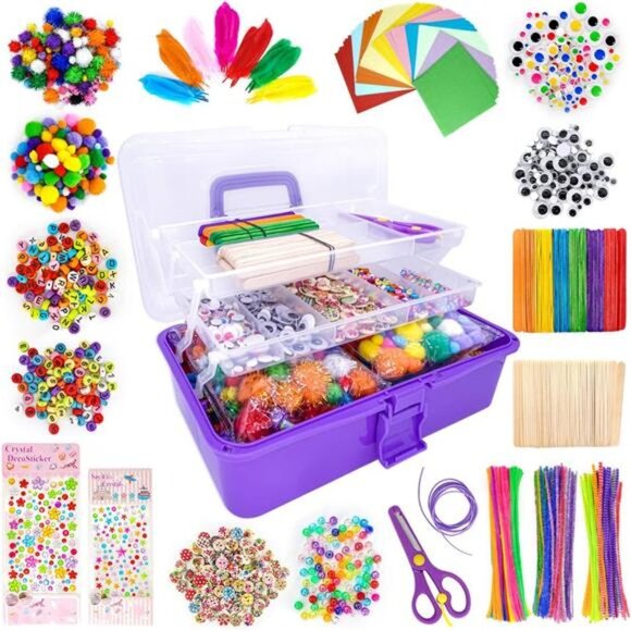 Art Craft Kit for Kids, Age 4 and Over, All-in-One Set with Feathers, Poms,Beads - Picture 5 of 6